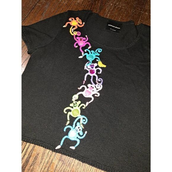 Vintage Med Michael Simon Black Short Sleeve Embellish Monkey Knit Sweater Shirt - Picture 2 of 5